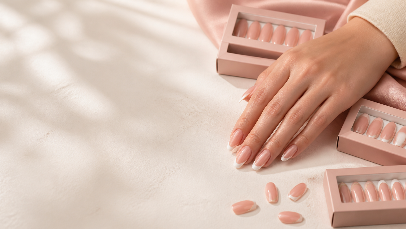 Hand wearing French-tip press-on nails beside unbranded blush packaging