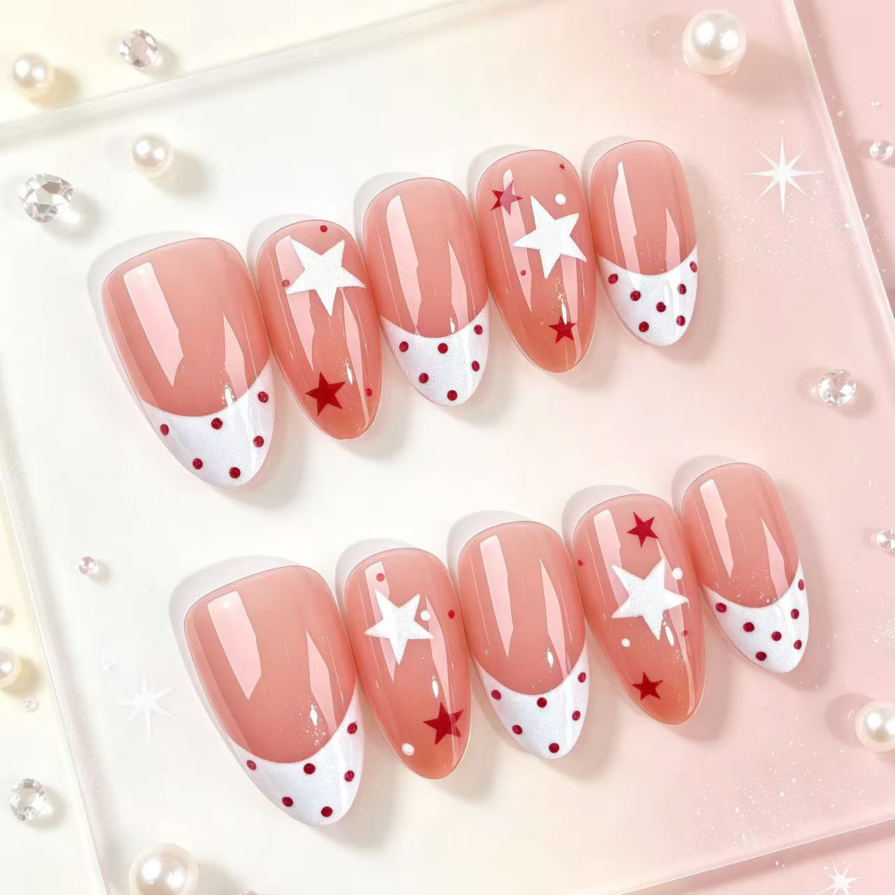 WY914 Star Dot French Extra-Short Almond Press-On Nails